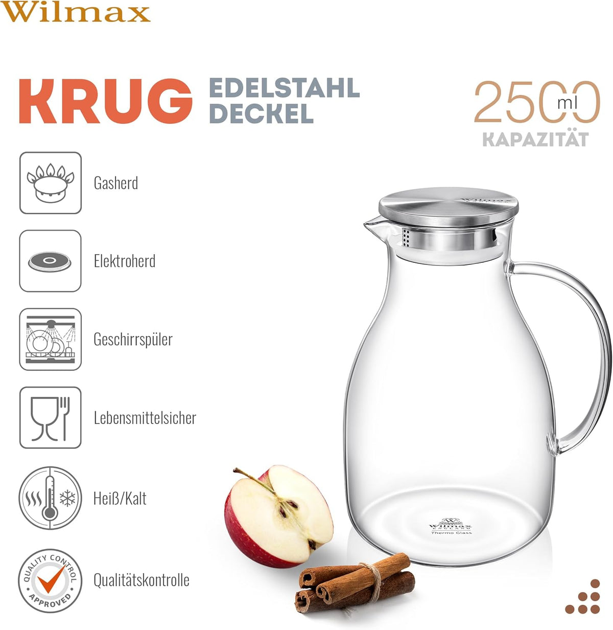 Wilmax Karaf 2500 ml Thermoglas RVS Deksel