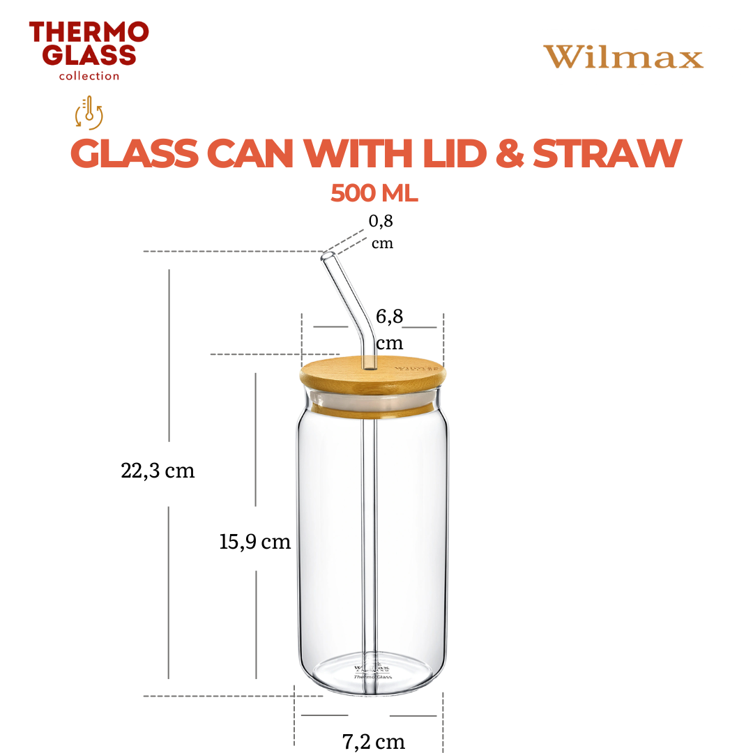 Wilmax Glasbeker 500 ml met deksel en rietje WL-888610/A