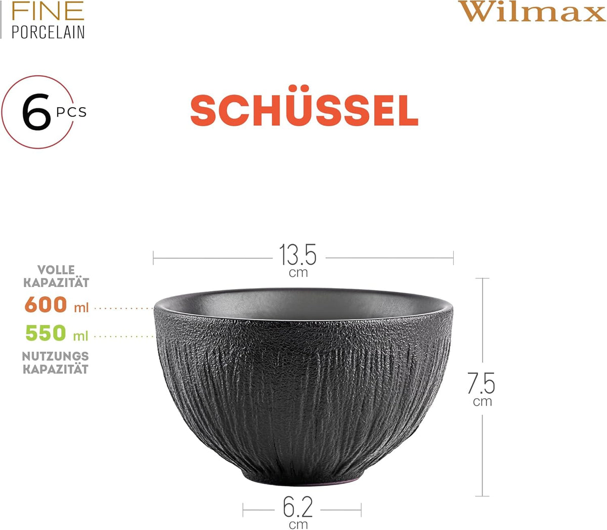 Wilmax Schaal Lotus Zwart 600 ml set van 6 A6