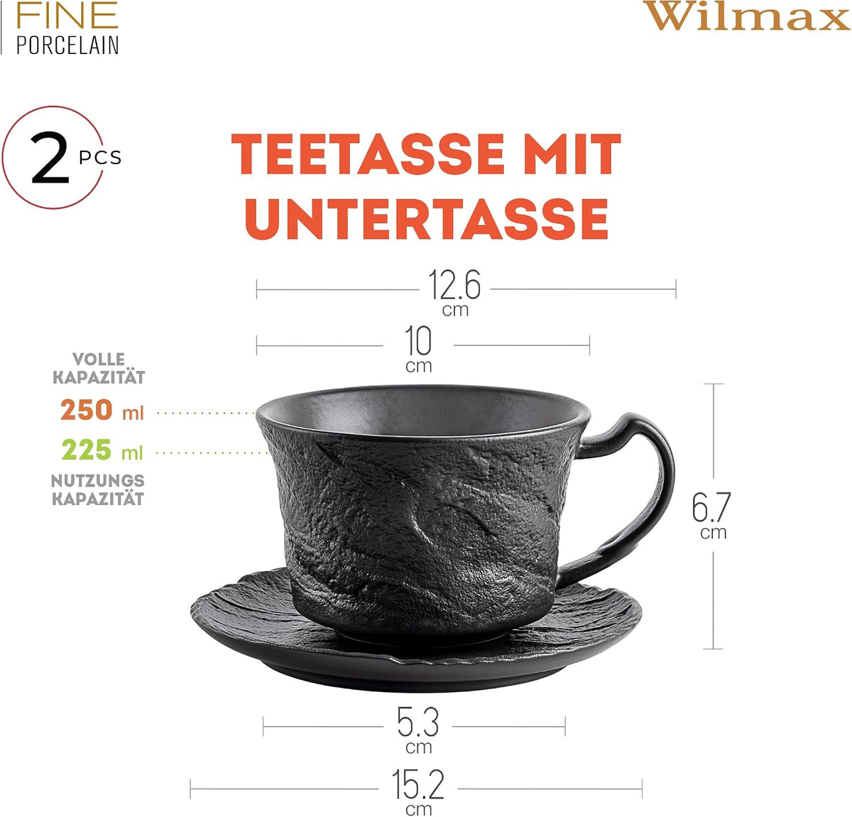 Wilmax Kop & Schotel Set 250ml 2 stuks Zwart AB2