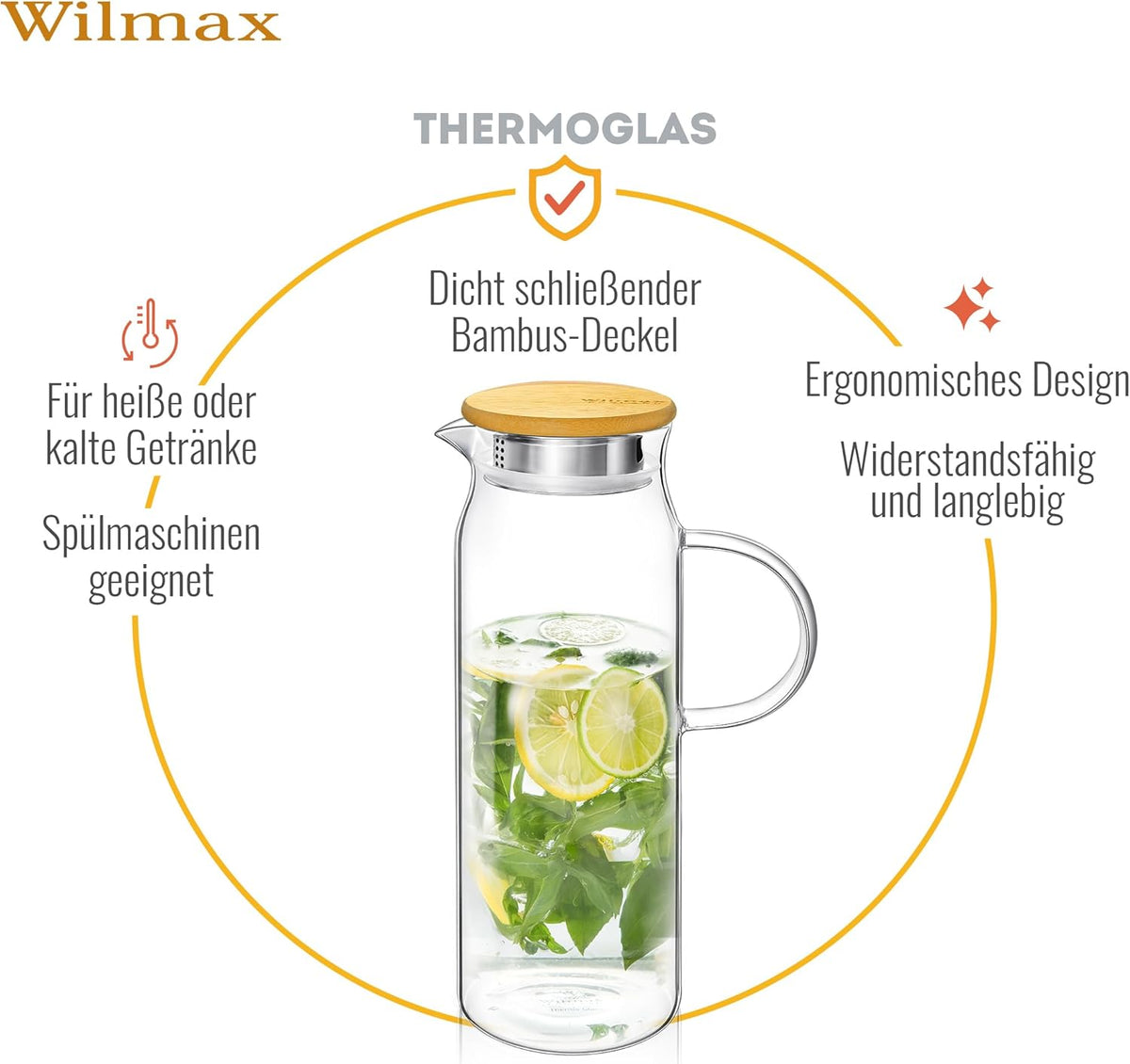 Wilmax England Thermoskan 1500ml met bamboedeksel Transparant