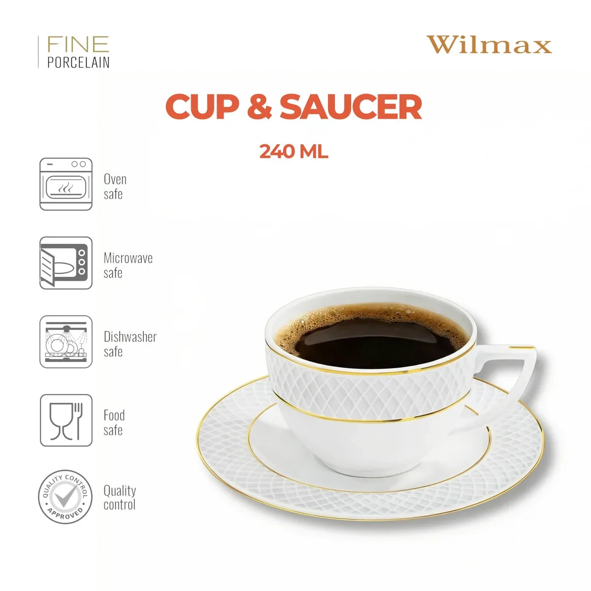 Wilmax England Theekop & Schotel Wit Goud Porselein 240ml (6)