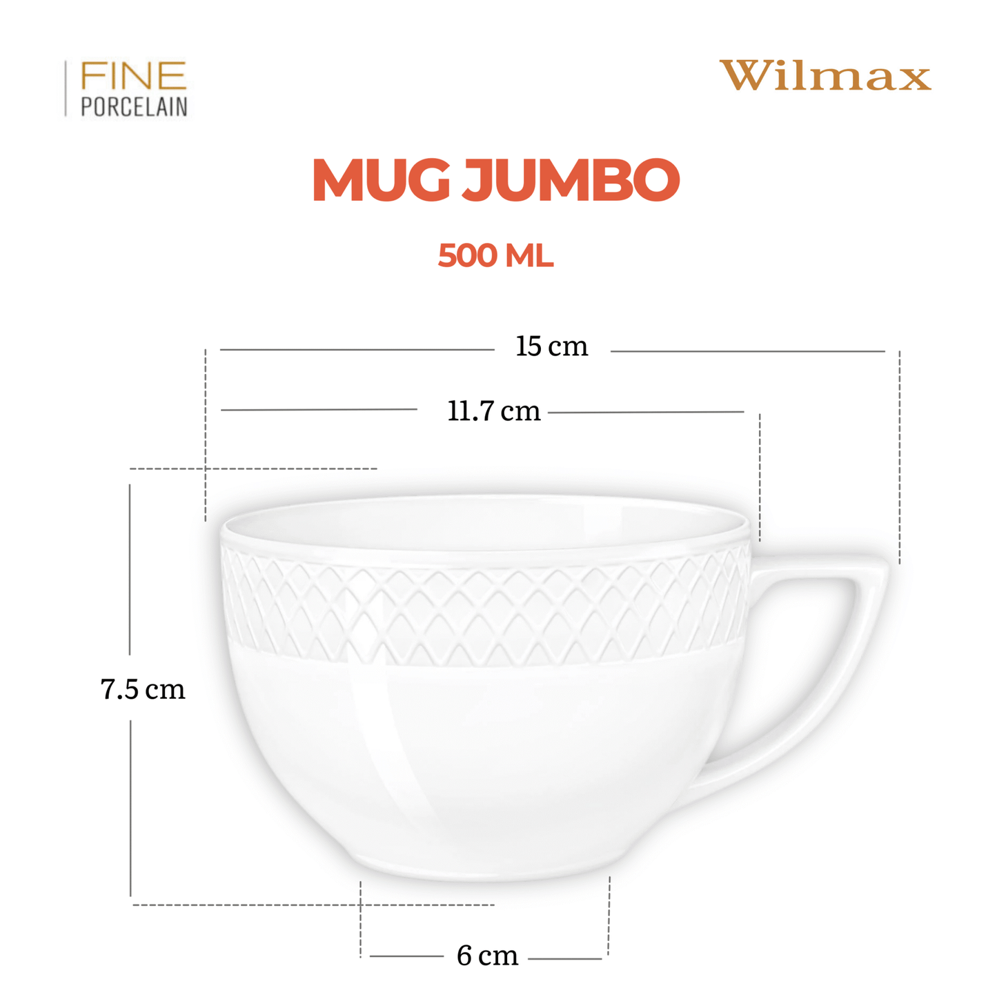 Wilmax England Jumbo Kop Wit Porselein 500 ml set van 2