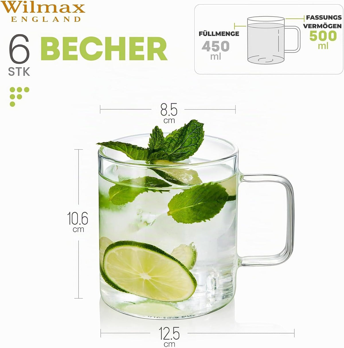 Wilmax Glasbeker 500ml Borosilicaatglas 6-delige set A6