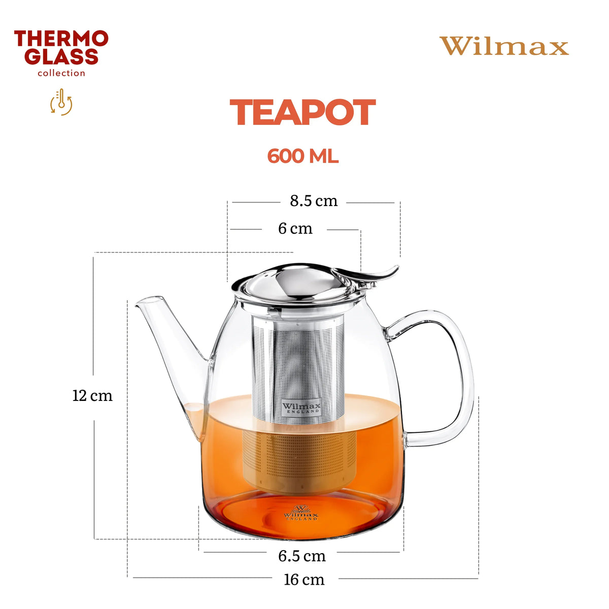 Wilmax England Theepot 600ml Borosilicaatglas RVS filter