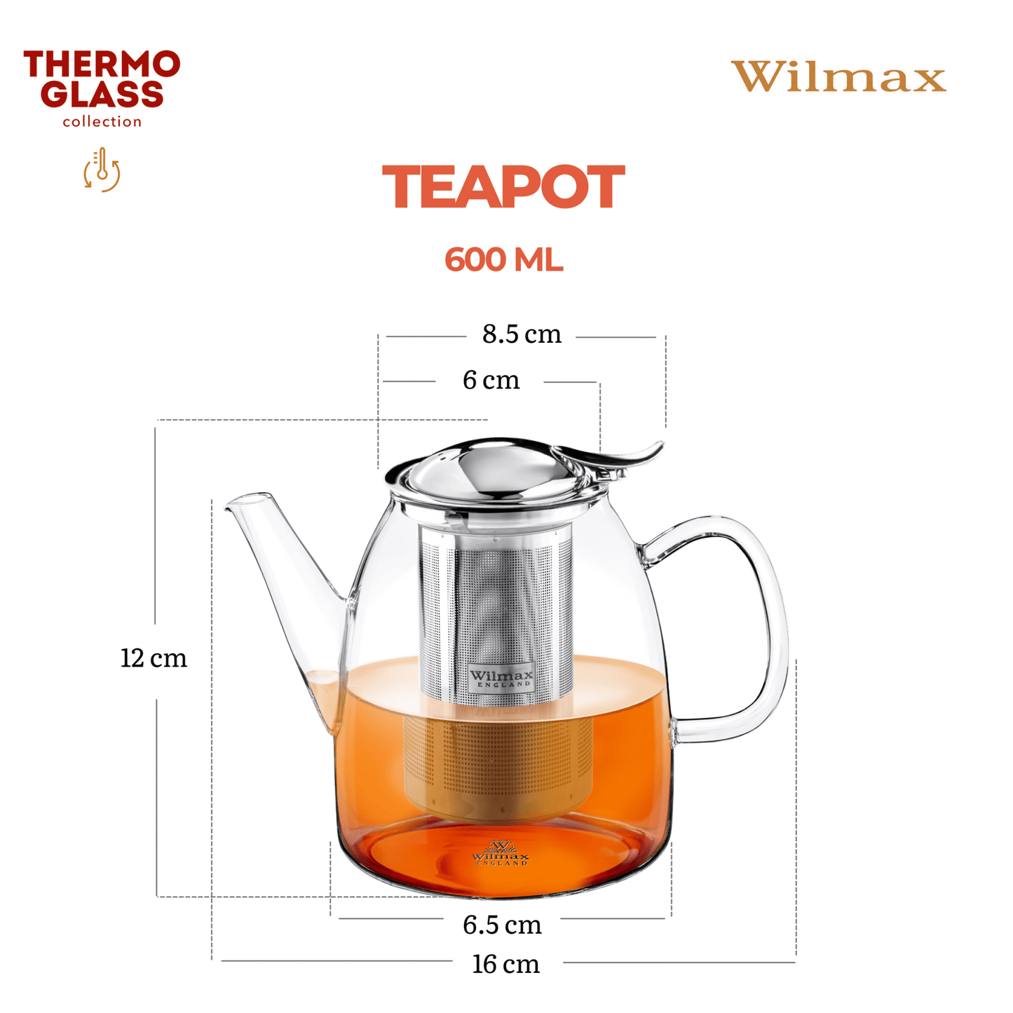 Wilmax England Theepot 600ml Borosilicaatglas RVS filter