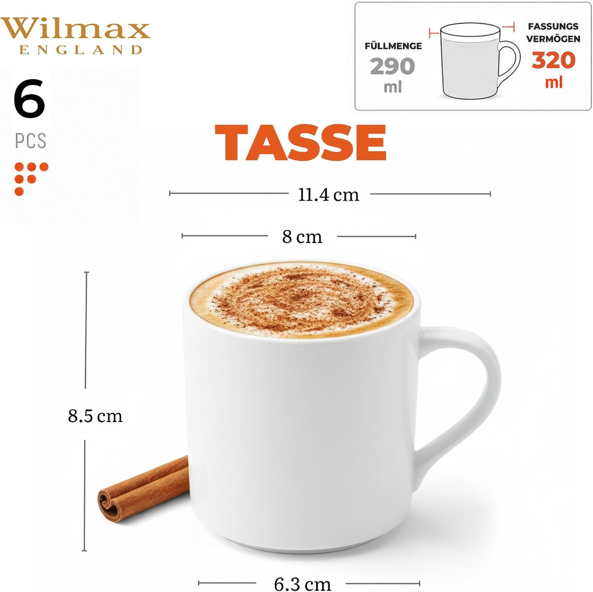 Wilmax Beker 320 ml Wit Porselein Set van 6 A6