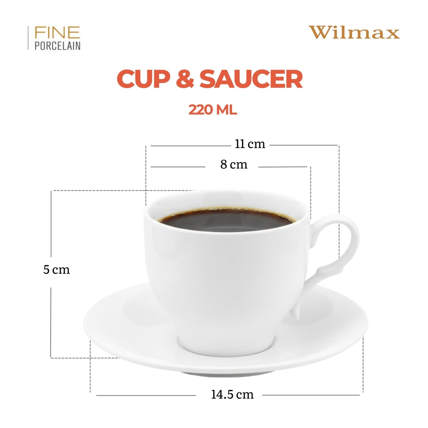 Wilmax Theekop met schotel 220 ml Wit Porselein