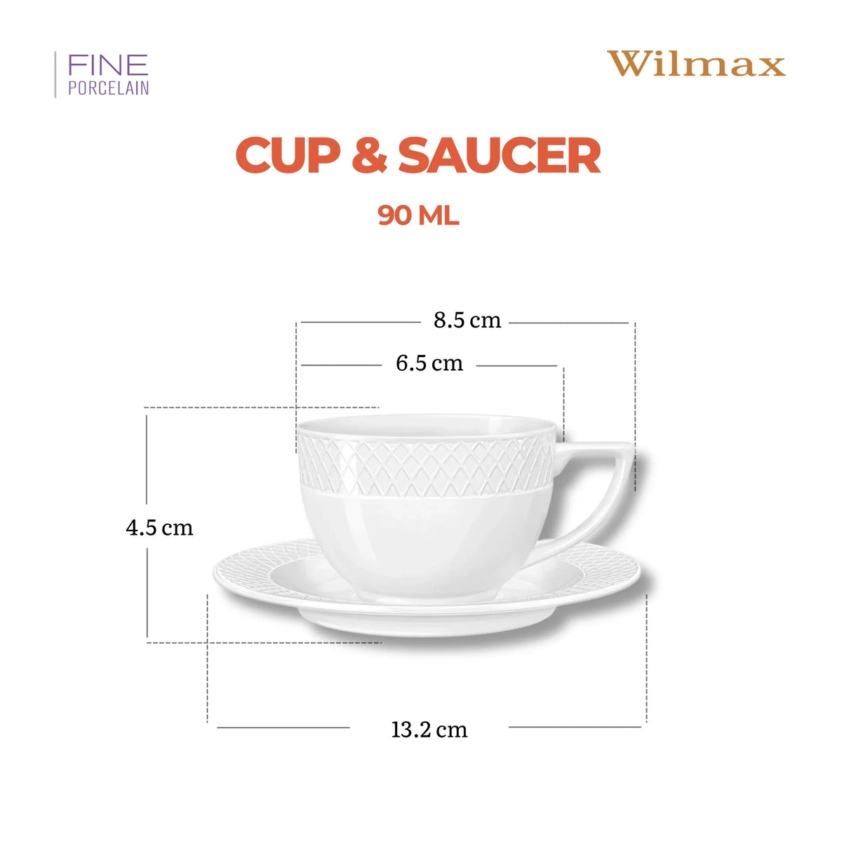 Wilmax Kop & Schotel 90 ml Wit Porselein Set van 6