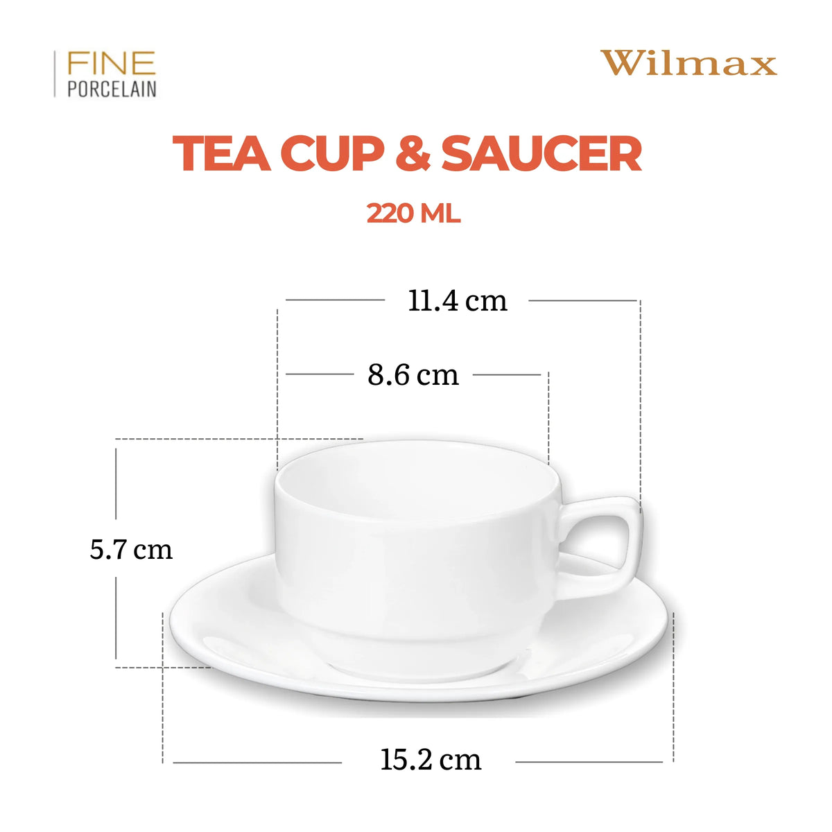Wilmax Theekop met schotel 220 ml Wit Porselein AB