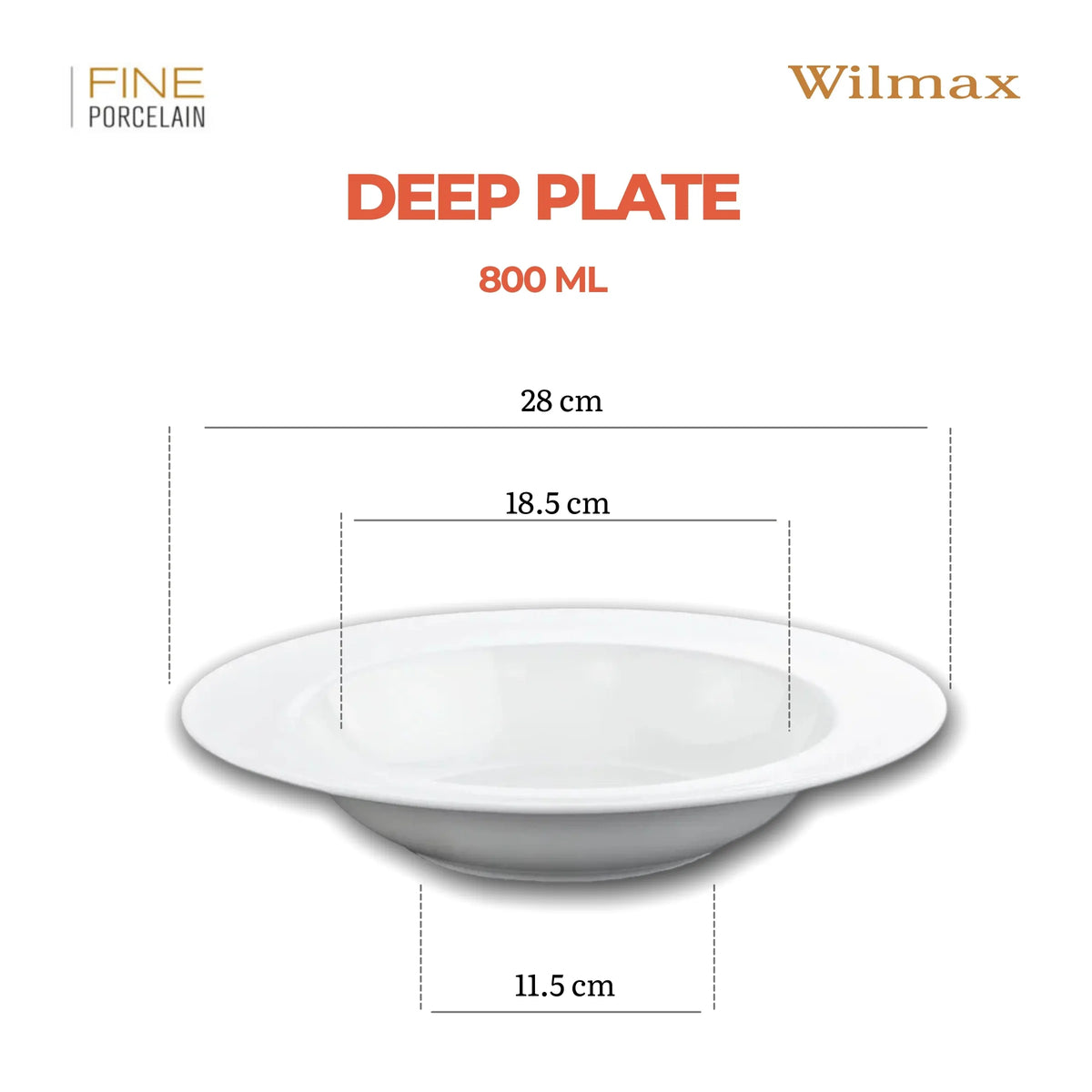 Wilmax Diep bord 28 cm 800 ml van porselein, Wit