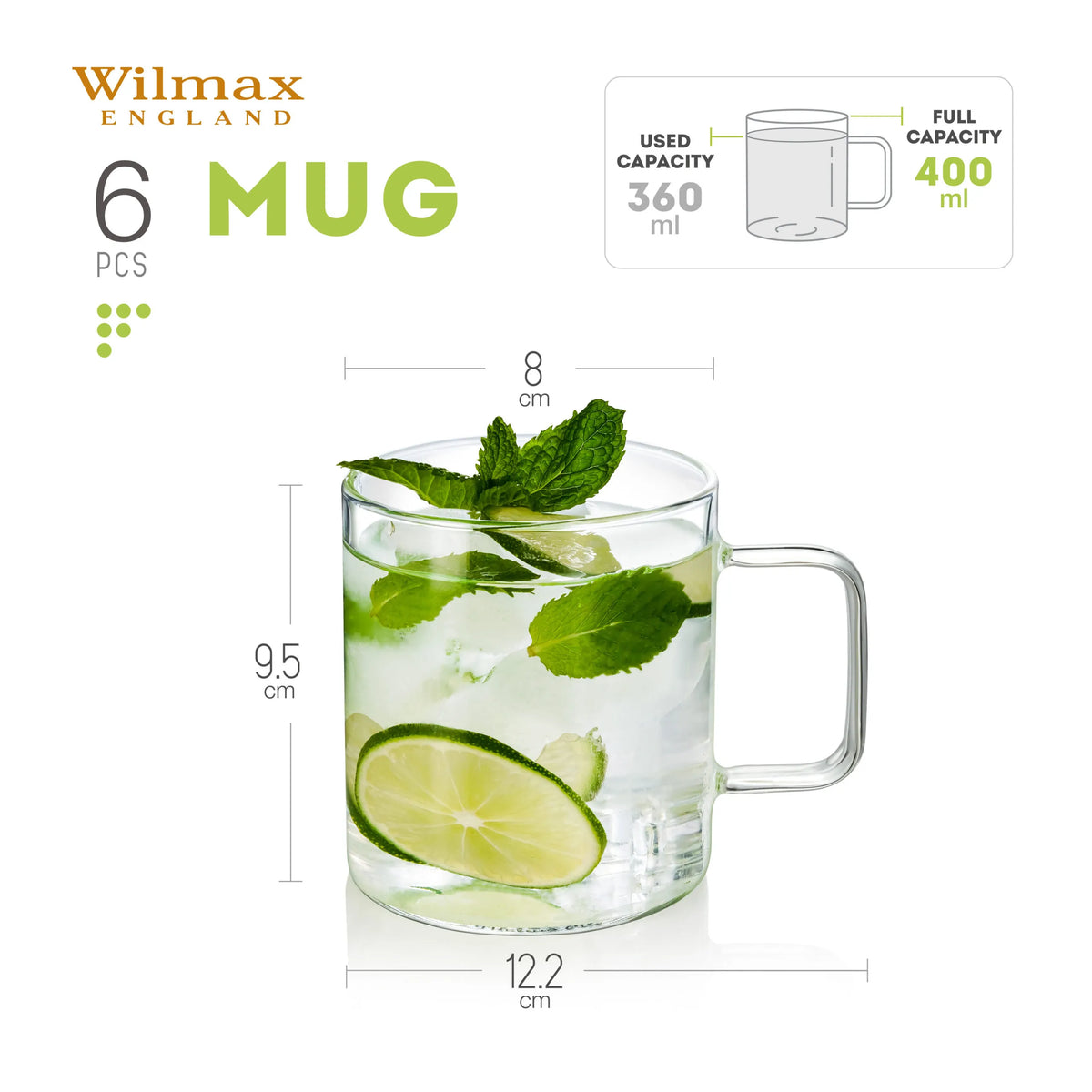 Wilmax England Koffiekop 400ml Borosilicaatglas 6 stuks