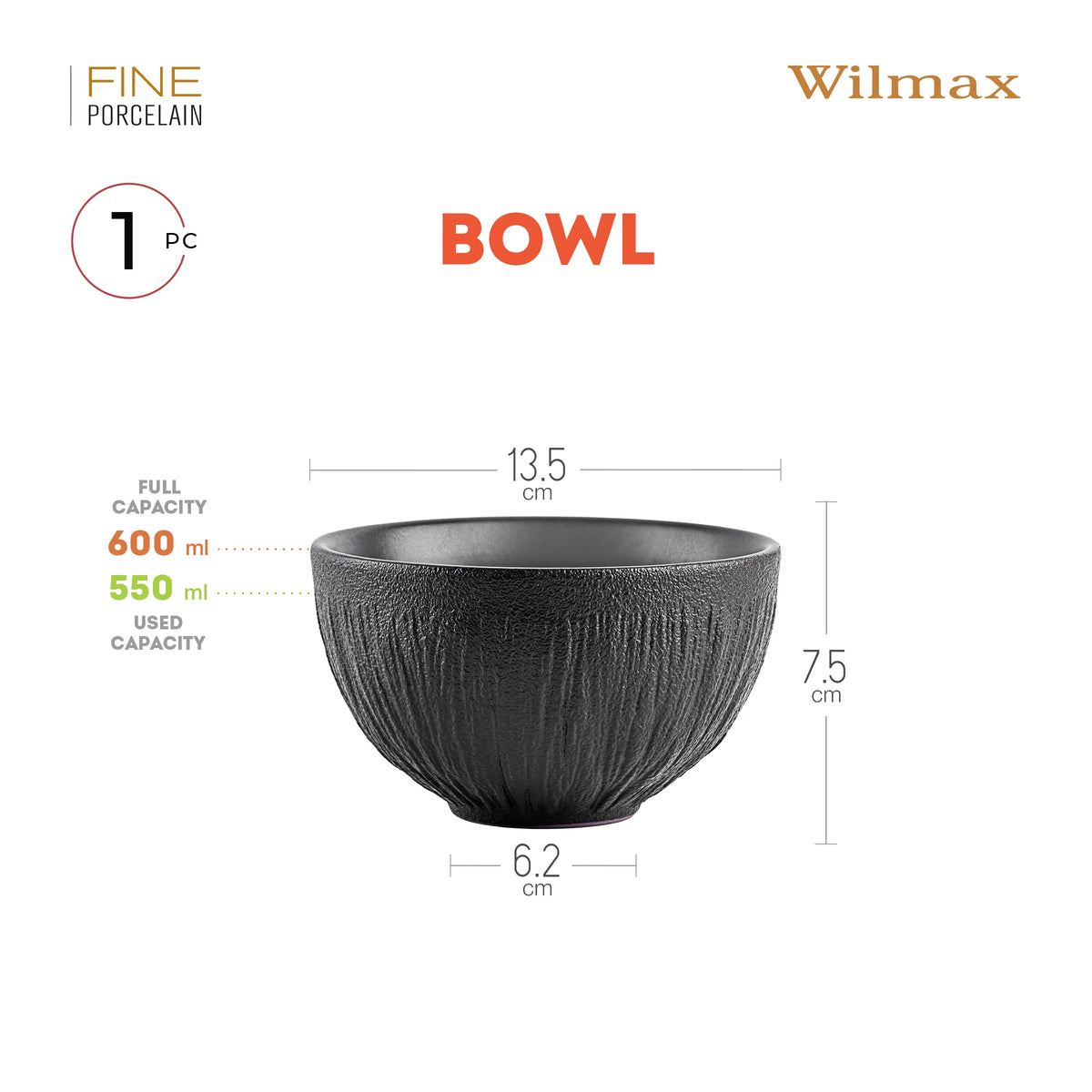 Wilmax England Schaal 600 ml Zwart Porselein