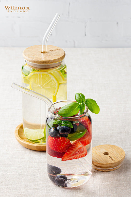 Wilmax Glas mit Deckel & Trinkhalm, 500 ml, Thermoglas – WL‑888610/A